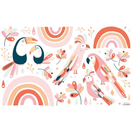 Muursticker M - tropical birds Paradisio - Pink & Orange