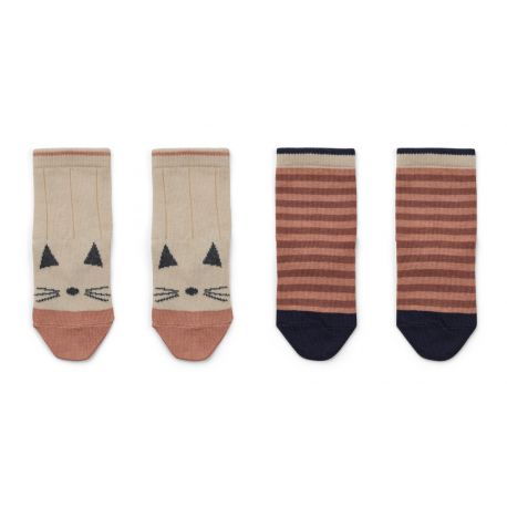 2 paar Silas katoenen sokken Cat/stripe coral blush 2 paar Silas katoenen sokken Cat/stripe coral blush